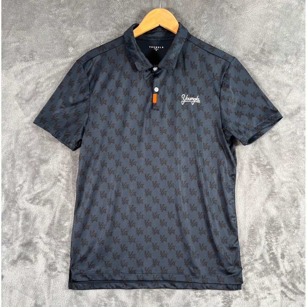 YoungLA Polo Shirt Mens Medium Black All Over Logo Golf Stretch Performance